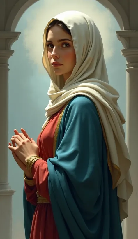 From behind。Beautiful Virgin Mary turns around and shyly looks at the camera, Red Tunic, Blue Coat, White Veil