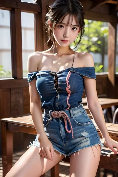 in toilet, off shoulder dress, mini denim skirt, denim shorts, young, idol, Japanese, Middle school students, Elementary school student, prety, Sparkling eyes, No body hair, Thin legs, Attention to detail, Highest quality, High resolution, bobbed hair, sho...