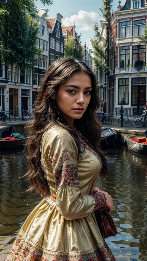 beautiful mexican woman traveling in amsterdam, woman with long dark hair, beautiful detailed eyes, beautiful detailed lips, extremely detailed face, intricate hairstyle, colorful traditional mexican dress, strolling through amsterdam canals, charming euro...