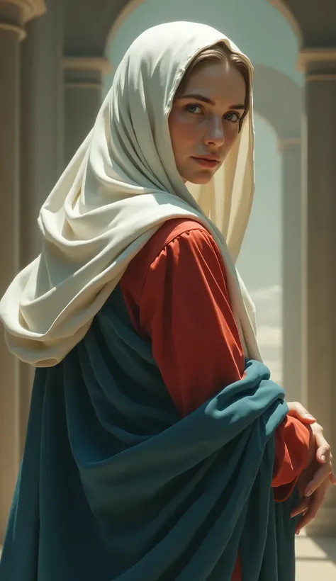 From behind。Beautiful Virgin Mary turns around and shyly looks at the camera, Red Tunic, Blue Coat, White Veil