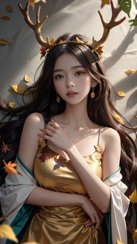 A beautiful Asian young woman with long, flowing hair lies amidst a bed of fallen autumn leaves. She wears a gown adorned with golden leaves and a crown of stag antlers. The sunlight casts a warm glow on her skin and the surrounding leaves, creating a sens...