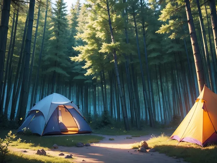 masterpiece, Best Quality, (Highly detailed CG Unity 8K wallpaper), (Best Quality), (Best illustrations),(Pyroxinium Diffusion Style:0.5), Beautiful forest camping，tent, (masterpiece),Vibrant