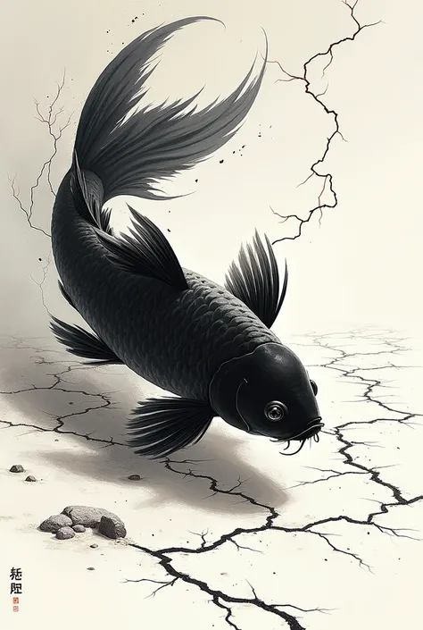 A powerful goldfish drawn in ink、Dry Landscape、Ink Painting、lightning、Bold composition、Hokusai