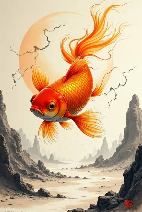 A powerful goldfish drawn in ink、Dry Landscape、Ink Painting、lightning、Bold composition、Snow boats