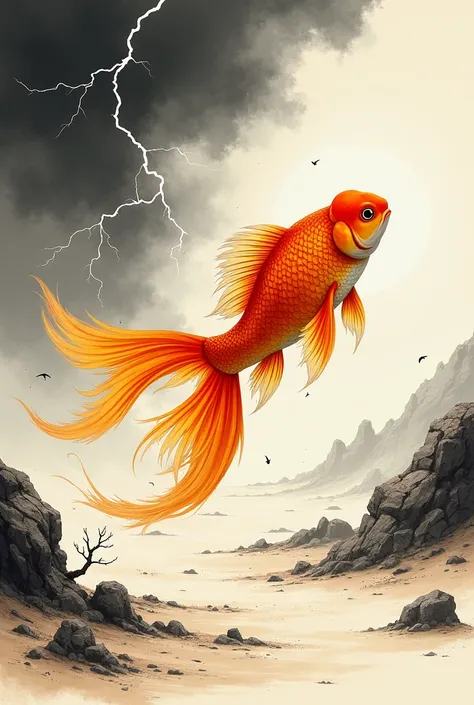 A powerful goldfish drawn in ink、Dry Landscape、Ink Painting、lightning、Bold composition、Snow boats