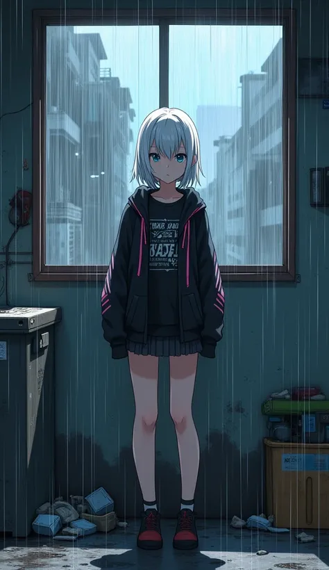 masterpiece, Best Quality, High resolution, Very detailed,(((White Hair Girl))), (((Black printed T-shirt)))、(((mini skirt))), (((Back Alley))), (((Heavy rain is falling outside the window))), (((There&#39;s junk lying around))), (((blue sky))), (((Dirty w...