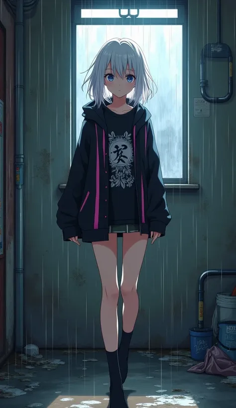 masterpiece, Best Quality, High resolution, Very detailed,(((White Hair Girl))), (((Black printed T-shirt)))、(((mini skirt))), (((Back Alley))), (((Heavy rain is falling outside the window))), (((There&#39;s junk lying around))), (((blue sky))), (((Dirty w...