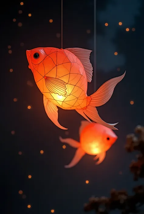 masterpiece ,High image quality ,8k ,Real Photo,Hanging by a thread,((Polygonal goldfish lantern made from washi paper)),Rough polygon division into 8 parts,(Detailed Japanese paper texture),Floating in the night sky,Detailed lights,Ray Tracing,Many Goldfi...