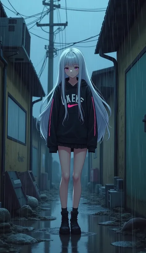 masterpiece, Best Quality, High resolution, Very detailed,(((White Hair Girl))), (((Black printed T-shirt)))、(((mini skirt))), (((Back Alley))), (((It&#39;s raining heavily))), (((There&#39;s junk lying around))), (((blue sky))), (((Dirty wall))), (((Black...