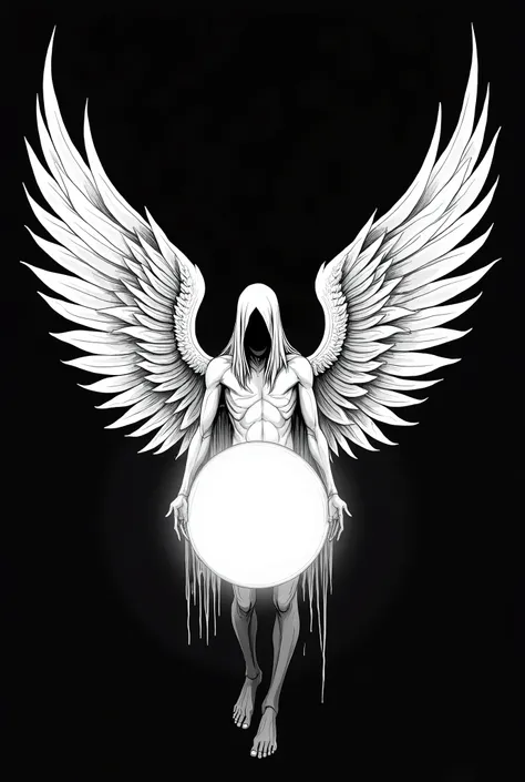 Angel of Death with covered face, with four large wings, no feet and flying, clean line art, light line art, thick outline, black background, black and white, line art, with a large sphere in the center Floating me in front of you as if you were holding