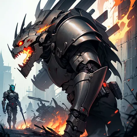 （Very detailed 8k wallpapers），The best movie posters，war theme，The horror covered in blood（undead knight）photo from the side （Hyper-detailing），Kamen Rider，Burning eyes，（Put on the flame armor），mechanized，（Mechanical skeleton），Mechanical details：1.2，Carry a...