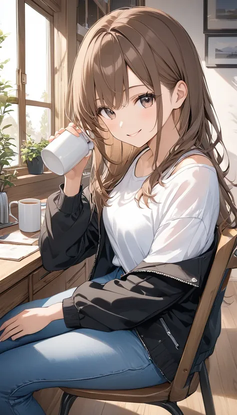 anime、((Amazingly absurd)),(masterpiece:1.2),超High resolution, Attention to detail, high quality, High resolution, 最high quality, 4K, 8k、Woman sitting on chair、Holding a mug in both hands、smile、White shirt、Wear a black drop shoulder jacket、Wearing jeans、Br...