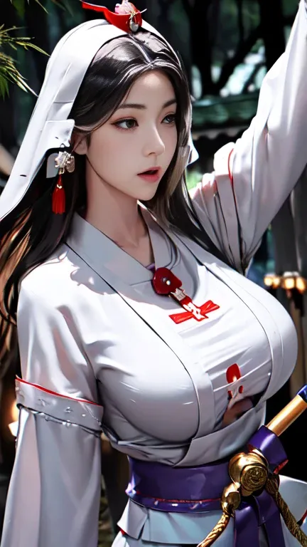 /(In front of Kamo Shrine/), Only one female, Mature Woman,  /(The model is Masako Natsume、Beauty/), /(High-class shrine maiden, Ceremonial Sword, Shrine maiden crown/), Long black hair parted in the middle, Long face and droopy eyes, /(Arched eyebrows wid...