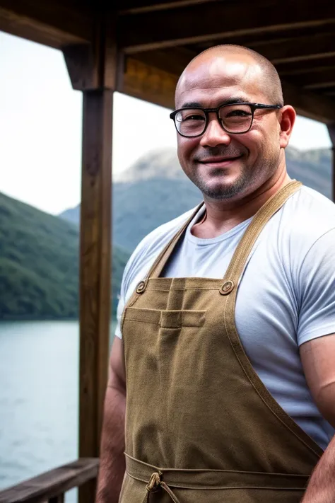 An award-winning original photo, A musclebear man, Japanese man, ((fisherman)), (30 years old daddy: 1.1), 1 man, Solo, white headband, (brown apron), green t shirt, broad shoulders, strong physique, bald, hairy arms, chubby and stout, stubbles (Detailed b...