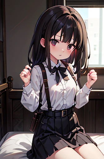 ​masterpiece、flat-colors、depth of fields、lens flare 1 girl、、Brown hair、watching at viewers　　　black suspenders　　　Bulging big breasts　　 　 　　　walls: 　Black miniskirt　garters　　　　　　Gaze　　　Small face　bangss 　　　holster　　Belt Armament　Beautuful Women　srestrained　h...