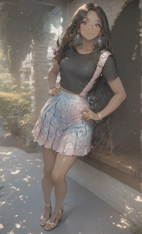 (((Adult transgender woman)): (Very short pleated miniskirt. strapless lace crop top, very small breasts (cute eye glasses). Brown eyes, showing the whole body, brown skin color, Black long wavy hair. Clothes with the colors of the trans flag, blue pink an...