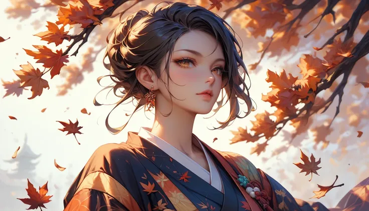 (masterpiece,ultra-detailed,best quality,8K,CG,illustration,shaved:1.0),(girl:1.0) simple background, autumn leaves,kimono
