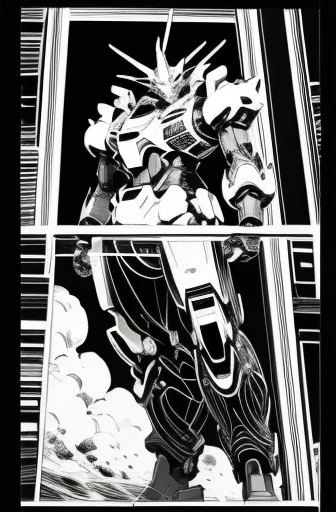 Science Fiction Manga、Black and white comics、Japanese Manga、Monochrome、Manga panel、(((Drawing a giant robot frame by frame)))