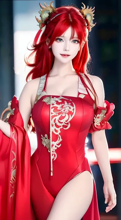 red nine tailed dragon girl, (bright red hair), ((big hair)), double eyelids, red clothes、perfect figure, nice face, perfect ski...