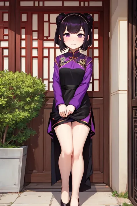 A girl, wearing a purple and black dress, is located in a Chinese-style building, pee on yourself in public