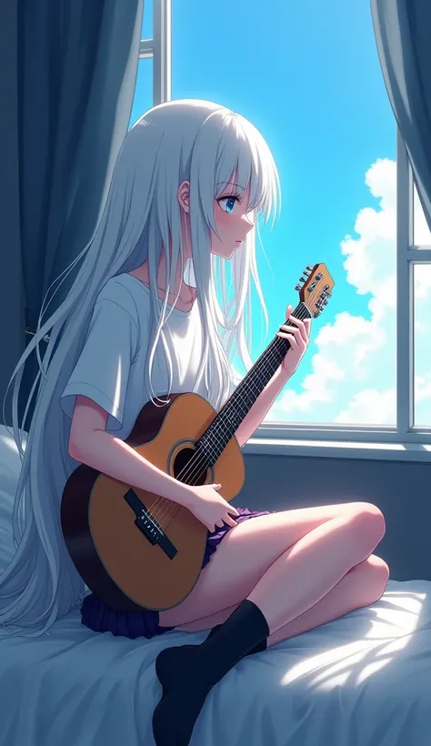 masterpiece, Best Quality, High resolution, Very detailed,(((White-haired little girl))), (((White T-shirt)))、(((mini skirt))), (((Mysterious))), (((window))), (((Sitting on the bed))), (((blue sky))), (((Has an acoustic guitar))), (((Black socks)))(((Japa...