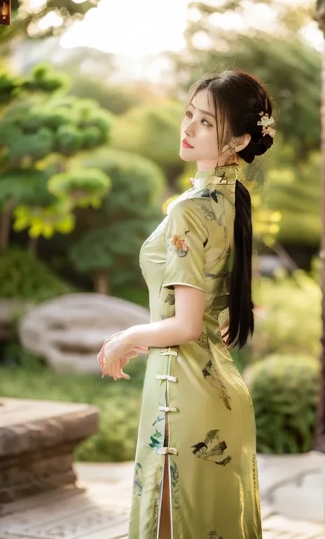 {1girl, beautiful woman in traditional Chinese dress, red qipao, intricate golden floral patterns on dress, long flowing black hair, jade hairpin, delicate earrings, shining black gemstone eyes, full red lips, graceful movement, round detailed eyes & facia...