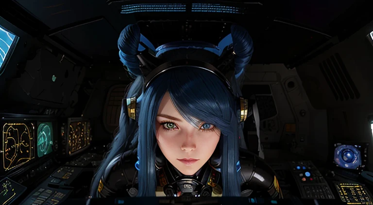 Headgear Big  Beautiful Ass (Masterpiece), best quality, expressive eyes, Perfect face commander room long blue hair