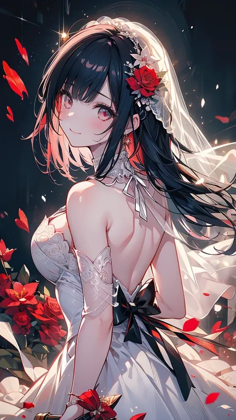 (Best Quality, High resolution, masterpiece:1.2,), figure, One girl, whole body, (Wedding Dresses), Place your arms behind your back, holding a bloody knife, Wait for a kiss, Gazing at the audience, happy ,Crimson petals flutter, Tears Smile, Madness