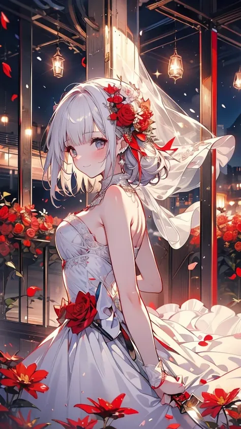 (Best Quality, High resolution, masterpiece:1.2,), figure, One girl, whole body, (Wedding Dresses), Place your arms behind your back, holding a bloody knife, Wait for a kiss, Gazing at the audience, happy ,Crimson petals flutter, Tears Smile, Madness