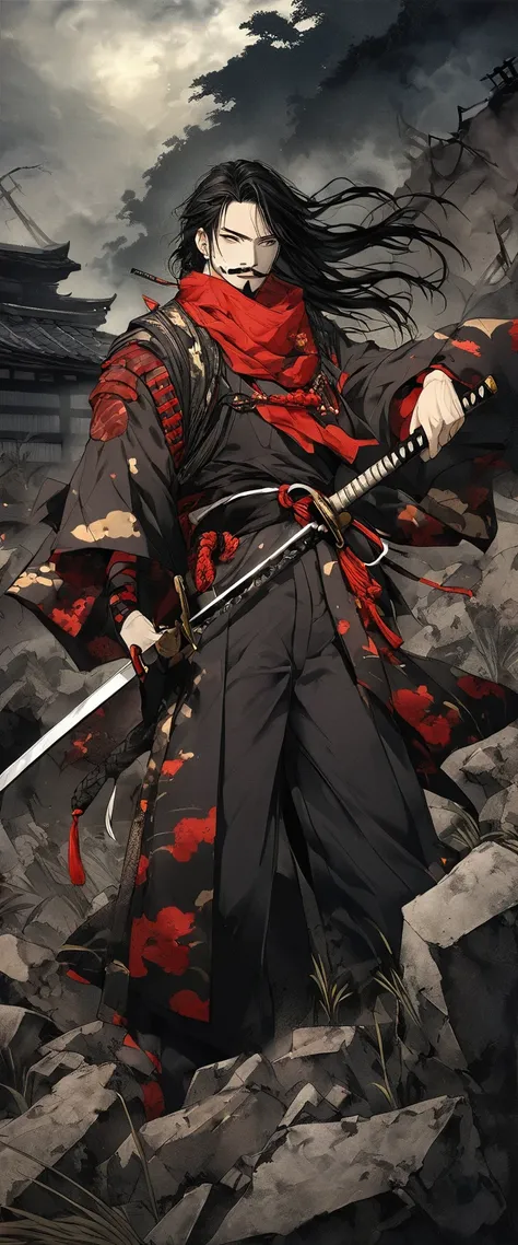 Scarlet Silk Ronin Costume。A world of thick fog,Silver Grass。Earrings。Face close-up。Dark Eyes。clothes are blowing in the wind。Grin。He has a sword on his waist。Stylish pose。moustache。beard。disheveled long black hair。 Standing on the rubble、A thin young roni...