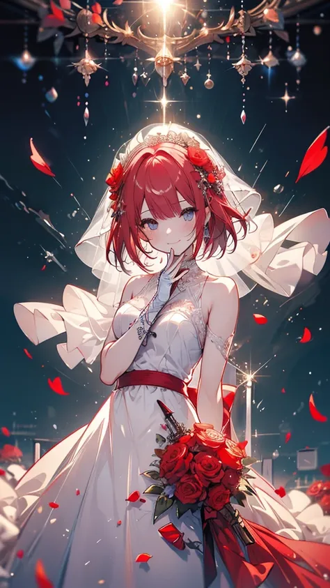 (Best Quality, High resolution, masterpiece:1.2,), figure, One girl, whole body, (Wedding Dresses), Place your arms behind your back, holding a bloody knife, Wait for a kiss, Gazing at the audience, happy ,Crimson petals flutter,Smile, Madness