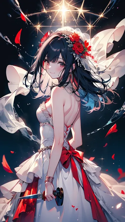 (Best Quality, High resolution, masterpiece:1.2,), figure, One girl, whole body, (Wedding Dresses), Place your arms behind your back, holding a bloody knife, Wait for a kiss, Gazing at the audience, happy ,Crimson petals flutter,Smile, Madness