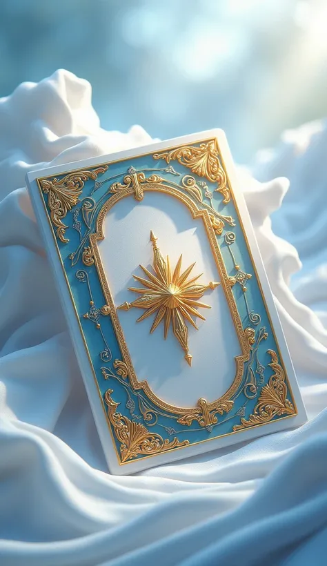 (photorealism:1.2), realistic, intricate details, magic card, gold decoration, white and blue background, 金の枠, 金の縁