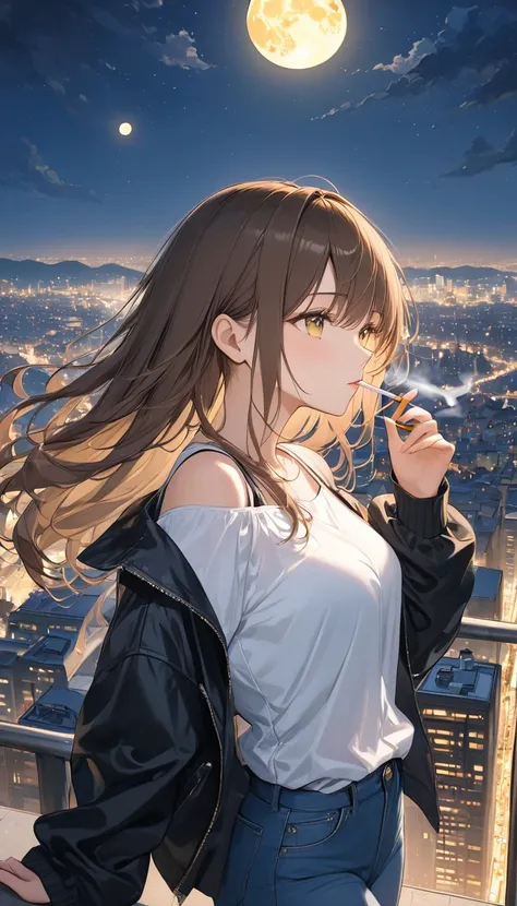 anime、((Amazingly absurd)),(masterpiece:1.2),超High resolution, Attention to detail, high quality, High resolution, 最high quality, 4K, 8k、A woman smoking a cigarette、Looking at the city at night、Looking down from a high position、White shirt、Wear a black dro...