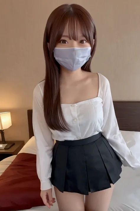 Gravure idol pose　Hotel　bed　High image quality　Not too small bust　Shorten your skirt　Beautiful legs　Beautiful Hair　Height: 160cm　mask　smile
