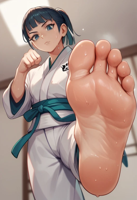 in the ring，a cute girl showing her feet low angle，lift one foot，one-leg stand，karate suit，karate，each foot has five toes，foot 8...