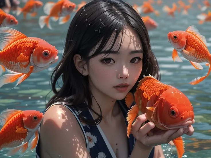 (((Summer Festival))),Mature Woman,(((Goldfish pattern))),(yukata),,(Strong Shadows:1.3),water vapor,(Horror Style),(curse:1.3),(soul:1.3),(ultra Realistic 8k cg, RAW Photos, Best Quality, masterpiece:1.2),High resolution raw color photos,Professional phot...