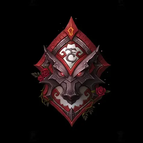 medieval fantasy art of a crest of arms, with a wolf vampiric head, with roses and thorns around, in world of warcraft style