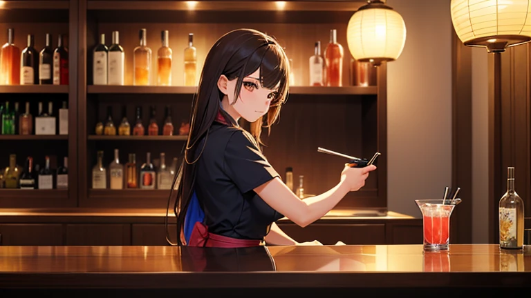 At the counter of the bar、A female bartender pours a cocktail into a glass。She has a professional look、Create colorful cocktails with ease。Behind it, a faintly lit sake cupboard stands out.、Create a sophisticated atmosphere。