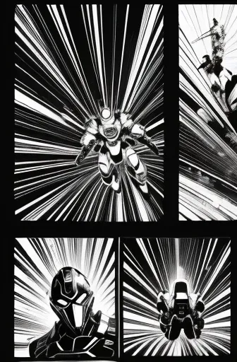 Science Fiction Manga、Black and white comics、Japanese Manga、Monochrome、 Pilot conversation scene、A comic strip showing a battle between a black robot and a giant robot, arranged in multiple frames