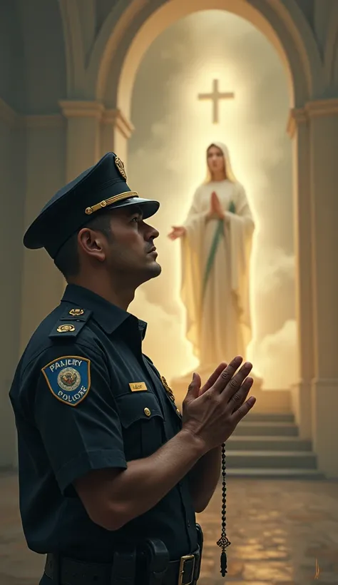 High resolution, masterpiece, high quality, a police officer with a holy rosary in his hands in a state of prayer, praying, and in front of you the apparition of Our Lady of Fatima, image expressing the catholic religion 