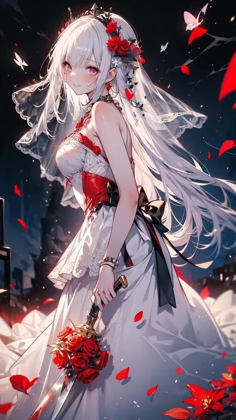 (Best Quality, High resolution, masterpiece:1.2,), figure, One girl, whole body, (bloody wedding dress), Place your arms behind your back, holding a bloody knife, Wait for a kiss, Gazing at the audience ,Crimson petals flutter,Smile, Madness,murder