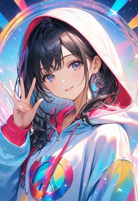 Winkをしている女性,Wearing a hoodie,Moe Sleeve Hoodie,Peace sign,Photo shoot pose,Wink,Shining Eyes.Glowing eye highlights,Sparkling,The background is bright like a jewel,Geometric patterns,Radial Official illustration style,Masterpiece,Best Quality,Exquisite,8k,...