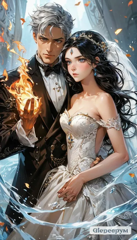 Image of a young princess in a wedding dress holding water and a guy in a tuxedo holding fire, in anime style, A grey-haired prince with fiery eyes and a dark-haired girl with blue eyes, a wise look, cushart krenz key art female, official art, Official cha...