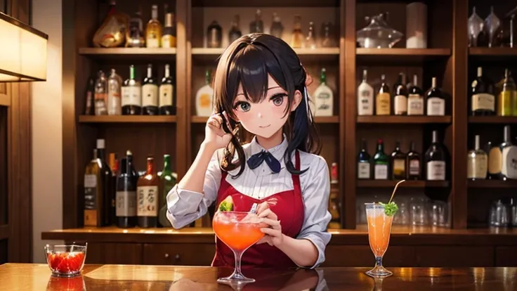 At the counter of the bar、A female bartender pours a cocktail into a glass。She has a professional look、Create colorful cocktails with ease。Behind it, a faintly lit sake cupboard stands out.、Create a sophisticated atmosphere。