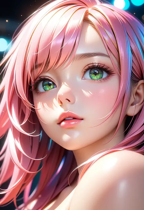 A beautiful young woman with long, straight pink hair and vibrant green eyes, (nude), in a serene anime-style setting, masterfully rendered with ultra-high quality, vivid colors, and exceptional attention to detail, (best quality,4k,8k,highres,masterpiece:...