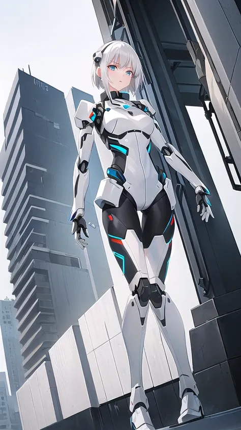 White-haired female robot，Mechanical ear，Chest，slim figure，Jacket，white shirt，Gray sleek armor，mechanical joint，shorts，Thin legs，boots，pistol，building