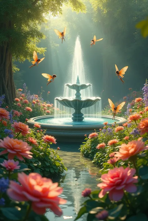 garden、Colorful flowers、Fountain in the center、A fantastic atmosphere、Little fairies flying around