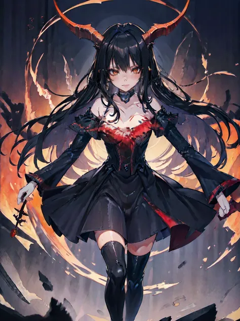 , Perfect Eyes, Soft Light, high quality, 4K resolution, masterpiece: Fine skin, Attention to detail, 最high quality, Awards, Very detailed, high quality, devilの女王、Horned goat, Gothic Dress, Living in the depths of hell, Lava flow, Blue long hair, Bright Bl...