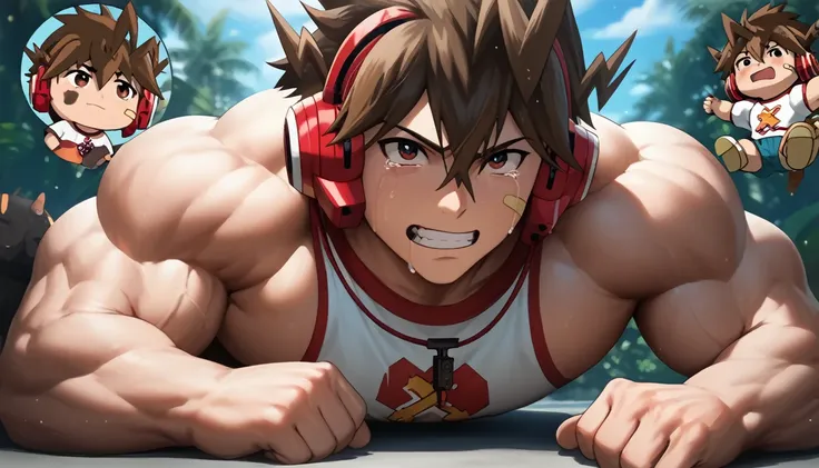 highest quality,anatomical,huge muscles,todorokikakeruperson,brown hair,brown eyes,spiked hair,headphones,hair between eyes,ahog...